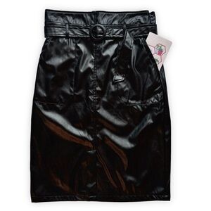 SHEIN Black Faux Leather Paperbag Waist Midi Skirt Belted Size L